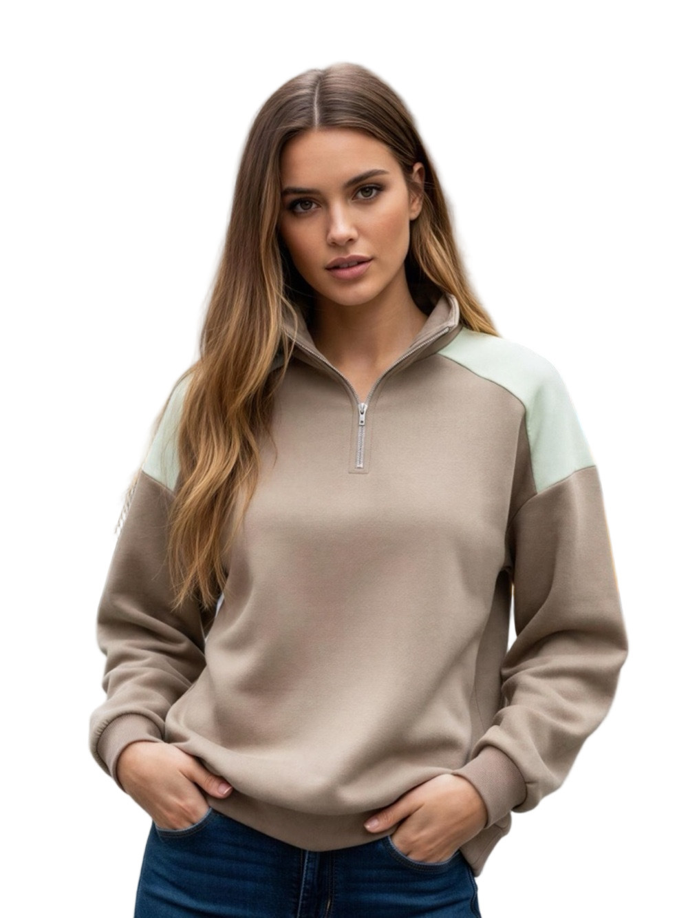 Wiholl Colorblock Olive 1/4 Zip Pullover Fleece